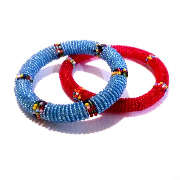 Pair of Wrapped Seed Bead Bangle Bracelets in Red and Blue - Picture 2 of 4